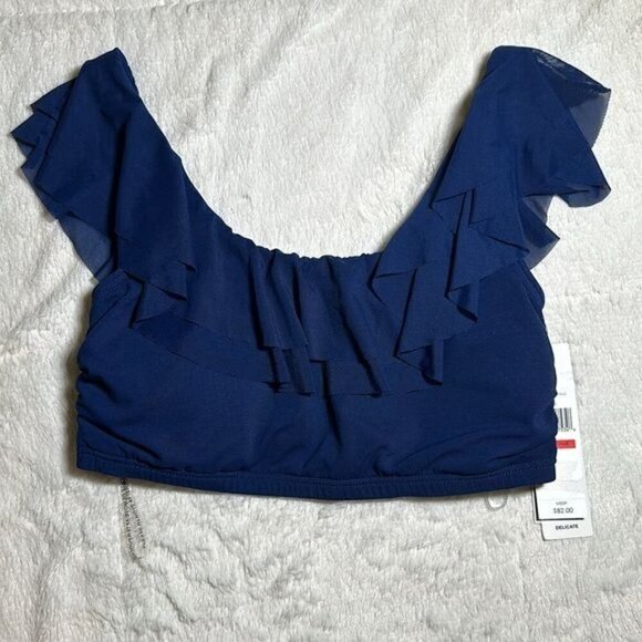 Carmen Marc Valvo Women's Mesh Ruffle Midnight Blue Bikini Top size Medium NEW - Picture 3 of 16